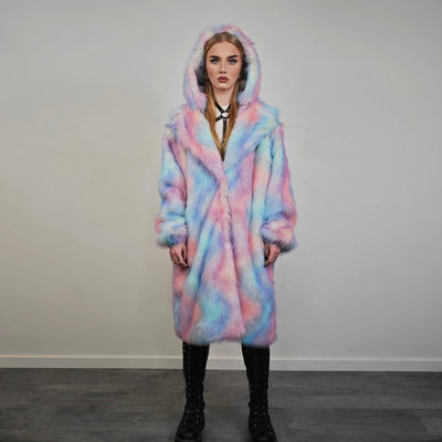 Tie-dye coat faux fur pastel pink shaggy trench abstract pattern overcoat watercolor bomber detachable festival jacket rainbow peacoat blue