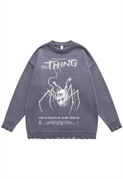 Spider sweater creepy knit distressed horror jumper in beige