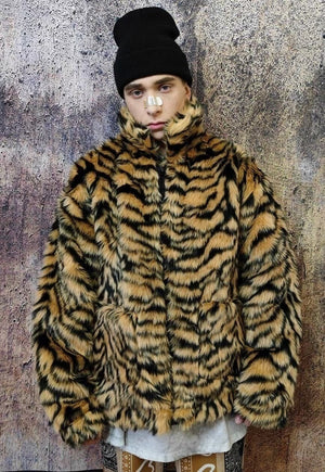 Tiger fleece jacket faux fur zebra fluffy bomber brown black