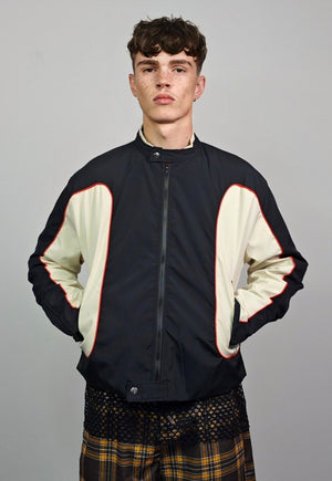 Colour block racing jacket collarless thin college bomber