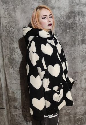 Heart fleece jacket animal faux fur love emoji bomber black