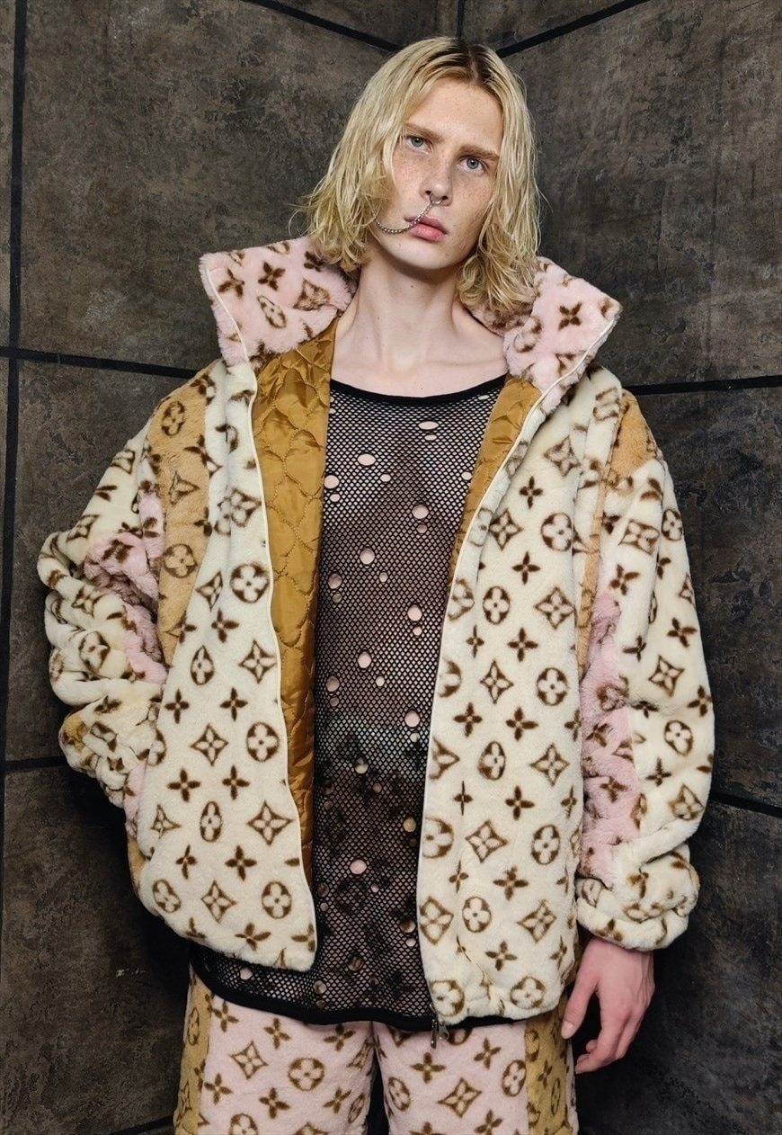 LV fleece jacket reworked faux fur fluffy bomber cream