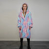 Tie-dye coat faux fur pastel pink shaggy trench abstract pattern overcoat watercolor bomber detachable festival jacket rainbow peacoat blue