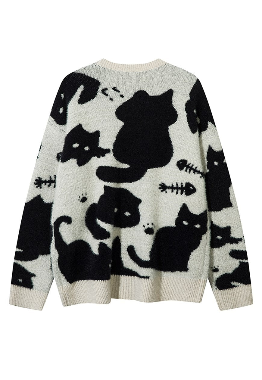 Black cat print sweater cream knitted Gothic top punk jumper