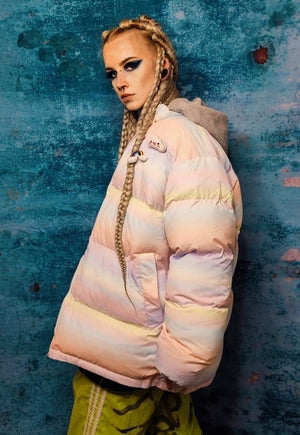 Rainbow print bomber marshmallow puffer jacket pastel pink