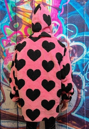 Heart fleece coat handmade 2 in1 detachable rave jacket pink