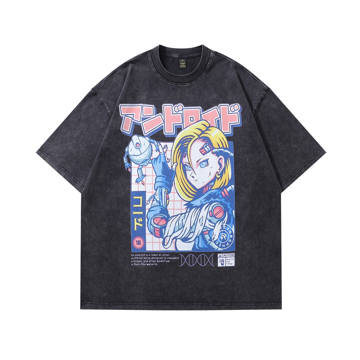 Anime girl t-shirt android cartoon tee Japanese top in vintage grey