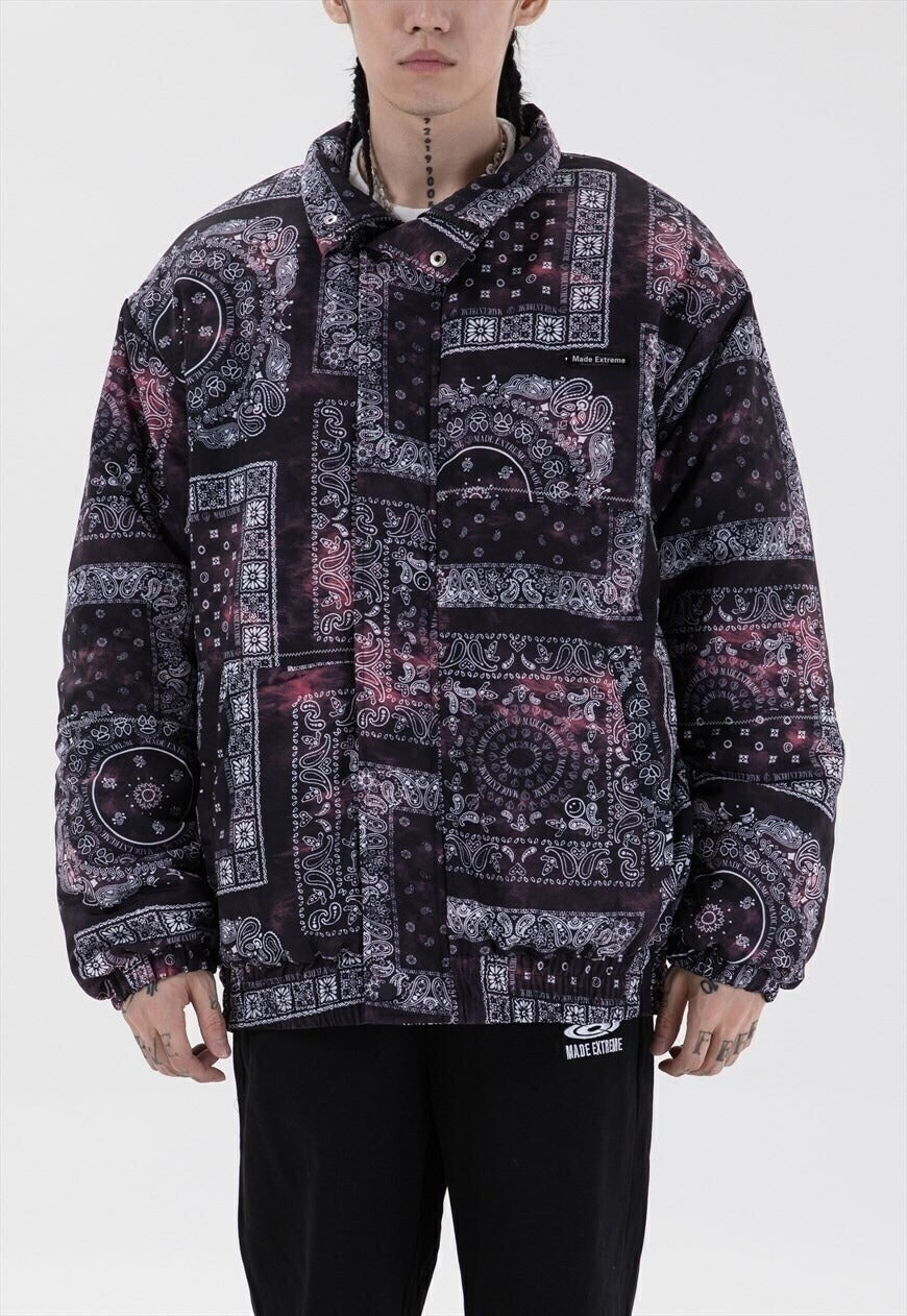 Checked paisley print bomber bandana denim jacket in black
