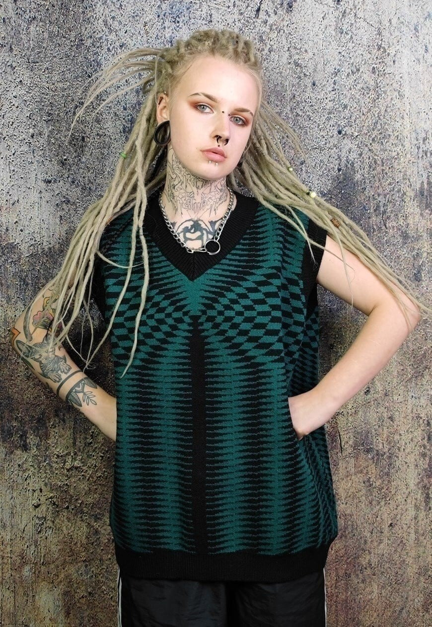 Check print sleeveless sweater chess board pattern top green