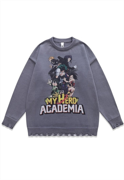 Academia sweater knitted distressed Anime print jumper black