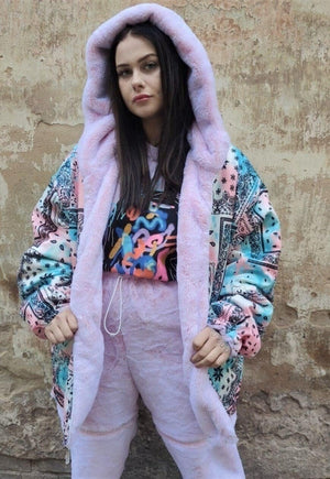 Pastel fleece bomber reversible handmade bandana jacket pink