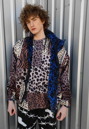 Leopard fleece jacket handmade reversible animal bomber blue