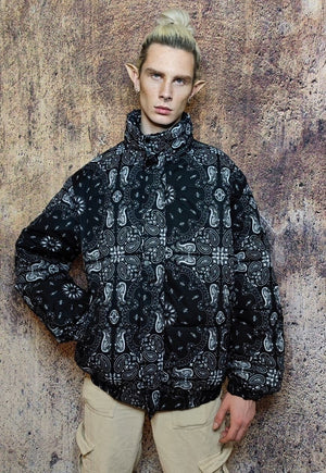 Paisley bomber jacket bandanna puffer cashew coat in black