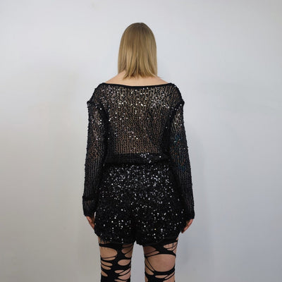 Transparent sequin top black embellished mesh sweatshirt sheer blouse shiny glam catwalk jumper party see-through top festival glitter tee