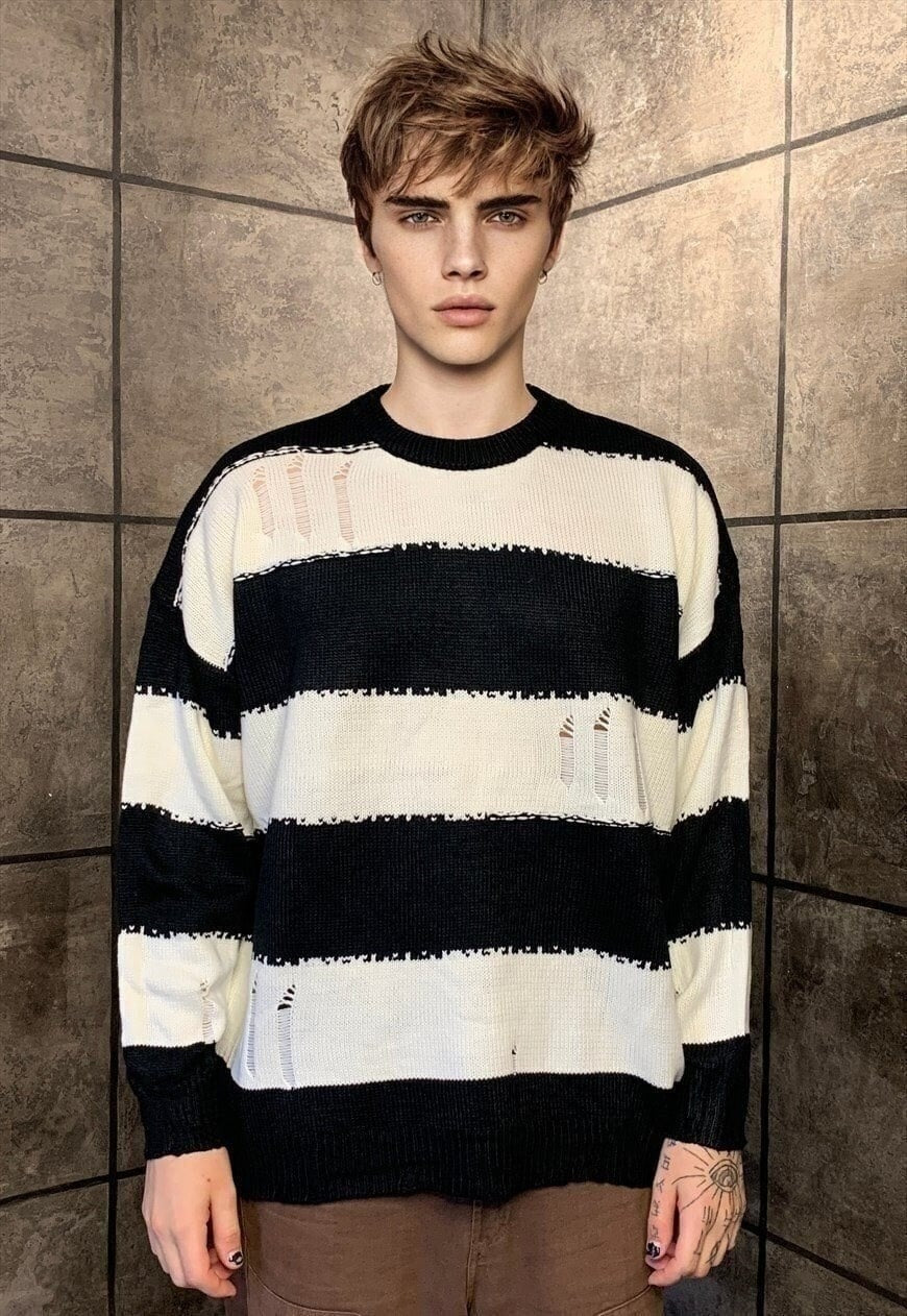 Punk stripe sweater distressed grunge jumper in white black