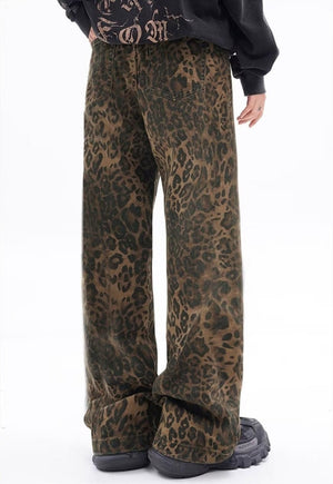 Leopard jeans animal print denim trouser high waist cheetah pants flared tiger pants in brown