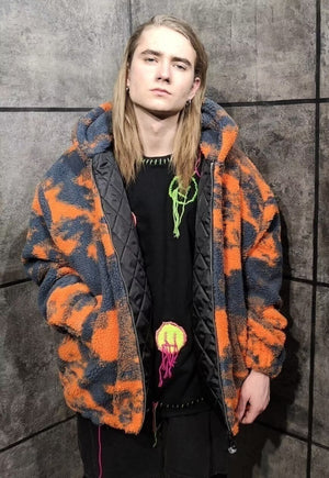 Tie-dye fleece bomber handmade gradient hood jacket orange