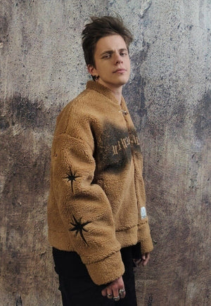 Graffiti fleece varsity jacket fluffy punk bomber coat brown