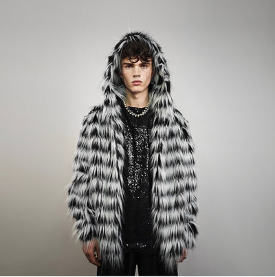 Shaggy faux fur jacket black white detachable hood striped collarless coat zebra bomber rave fleece festival pullover burning man overcoat