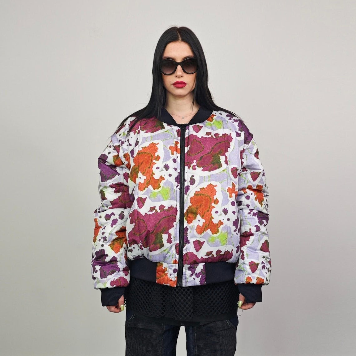 Leaves print bomber forest pattern jacket camo reversible military college varsity detachable sleeves handmade army grunge rocker coat green