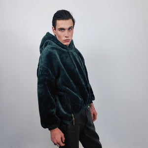 Hooded fleece jacket utility fluffy pullover faux fur punk hoodie side zippers lined Gothic jumper raver top in emerald green