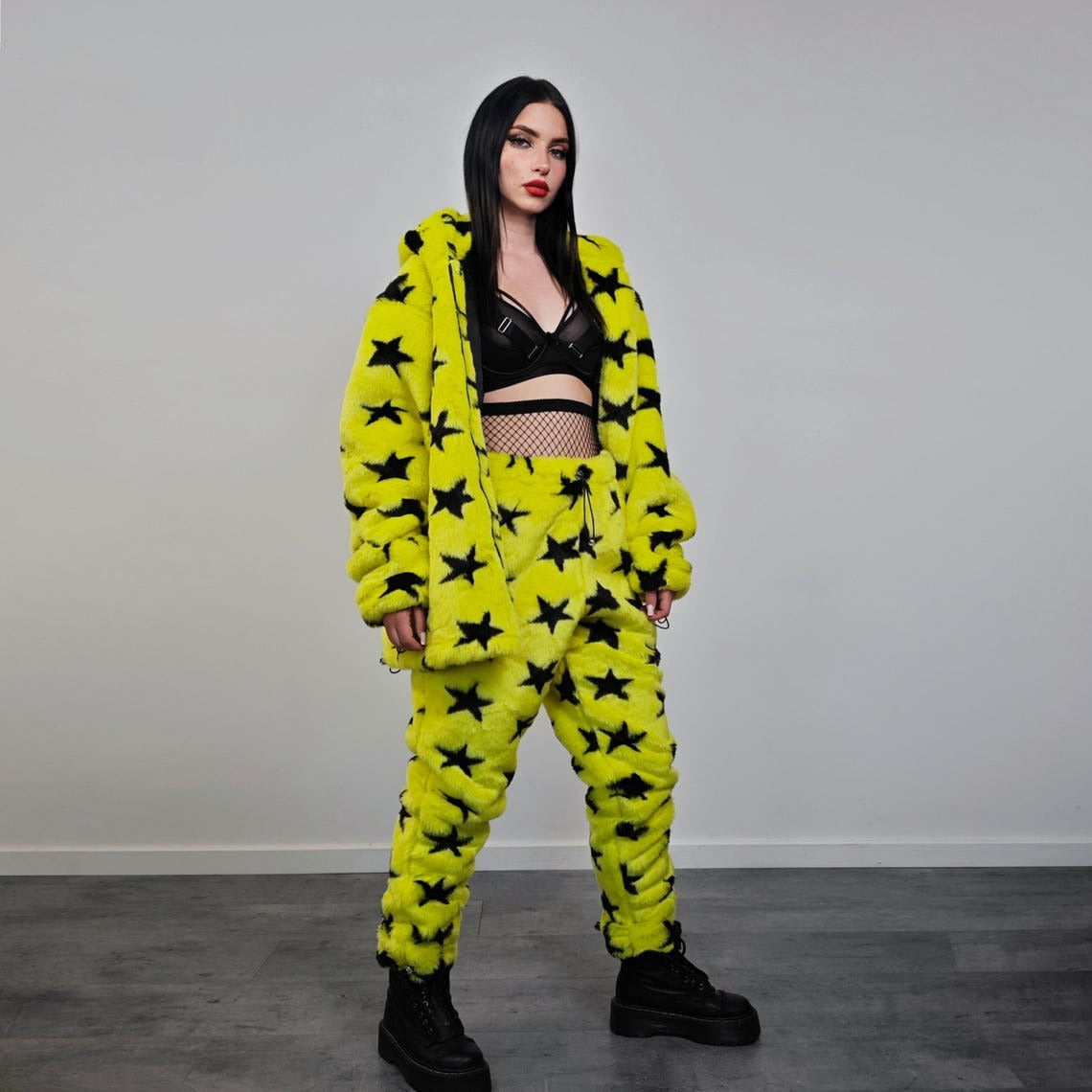 Star print hooded jacket yellow faux fur geometric fleece bomber psychedelic pullover detachable sleeves handmade rave top festival overcoat