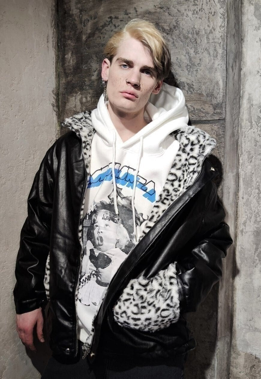 2 Sided leopard fleece jacket faux leather reversible bomber