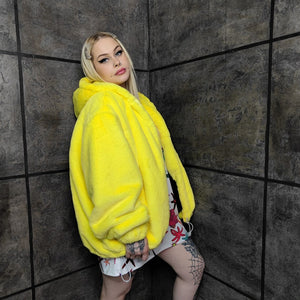 Yellow fleece jacket handmade detachable fluffy bomber fluorescent faux fur premium raver coat in bright neon yellow