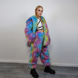 Hooded rainbow faux fur jacket unicorn bomber neon raver puffer fluffy tie-dye fleece psychedelic festival coat burning man going out trench