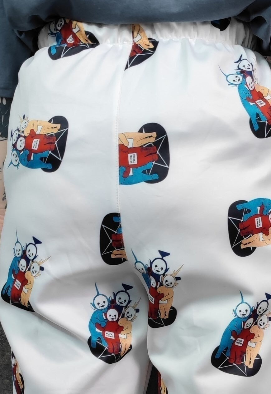 Teletubbies joggers handmade Gothic print raver pants white