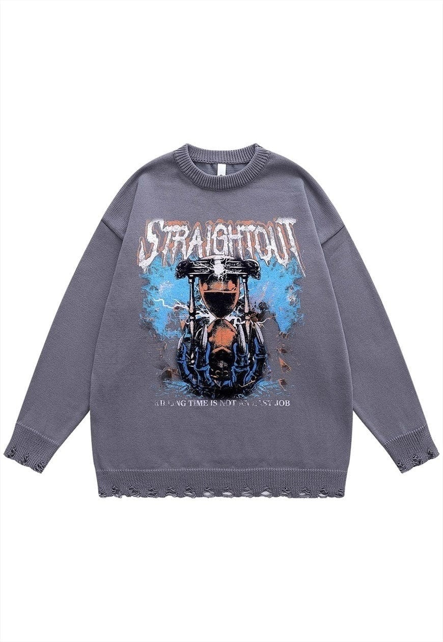 Retro print sweater spooky jumper ripped knitted time top