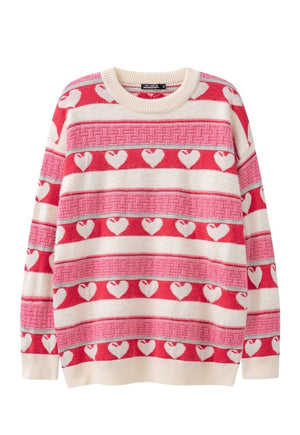 Heart print sweater preppy jumper knitted love top in grey