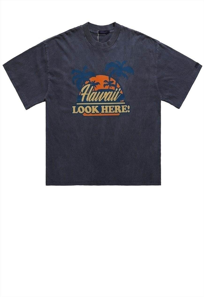 Hawaii t-shirt vintage poster print tee 90s retro top grey