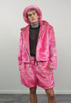 Pink faux fur jacket hooded fluffy bomber fuzzy cropped coat