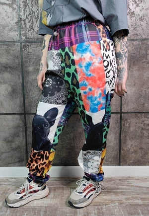 Dog print joggers handmade leopard pants tartan overalls