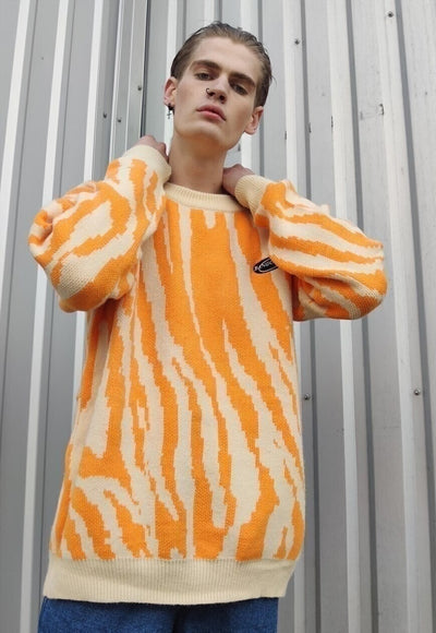 Zigzag zebra knitted sweater stripe knit jumper in orange