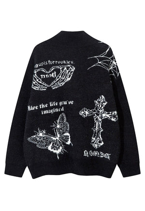 Cross print fluffy sweater gothic fleece punk jumper black