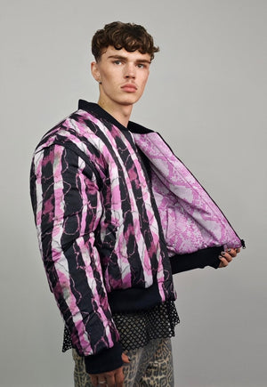 Vertical stripe varsity jacket pink black reversible bomber