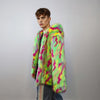 Hooded faux fur jacket psychedelic coat shaggy trench bright raver bomber fluffy fleece festival jacket neon burning man overcoat green pink