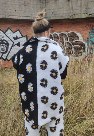 Floral fleece jacket handmade daisy trench coat white black