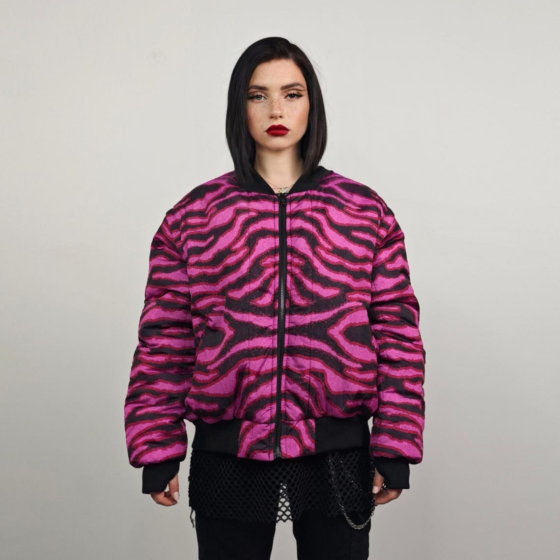 Leopard jacket neon pink animal print bomber reversible cheetah college varsity detachable sleeves handmade rave puffer grunge festival coat