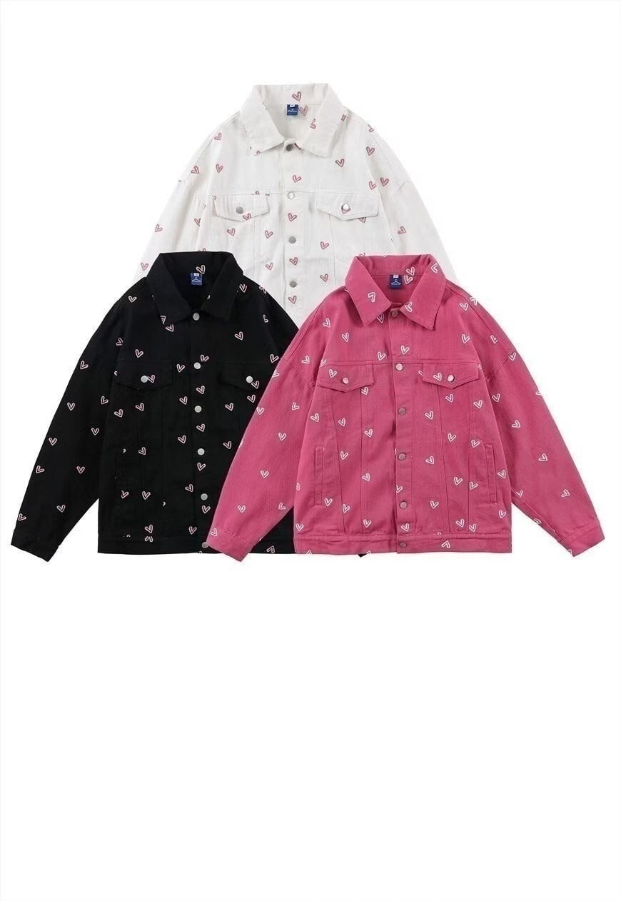 Heart embroidered denim jacket Love jean blazer in black
