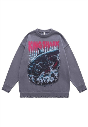 Shark print sweater scary jumper ripped knitted top in cream