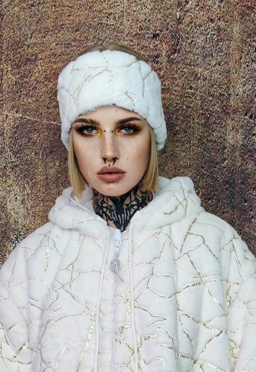 Fleece headband luxury fluffy head cover golden foil white