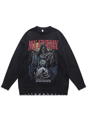 Creepy sweater skeleton knit distressed horror jumper grey