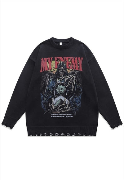 Creepy sweater skeleton knit distressed horror jumper grey