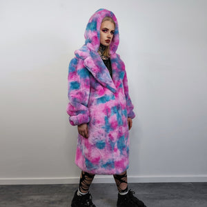 Tiedye pink fleece gradient coat long heavy trench fluorescent Barbie overcoat Ken bomber festival paint splatter jacket custom rave peacoat