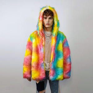 Hooded rainbow fur jacket unicorn bomber neon raver puffer fluffy tie-dye fleece psychedelic festival coat burning man party trench orange