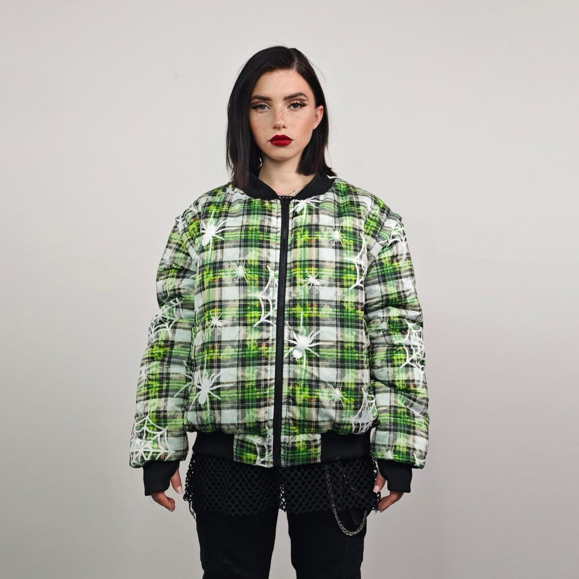 Spider web print jacket purple tie-dye bomber plaid check puffer punk reversible college varsity detachable sleeves handmade tartan coat