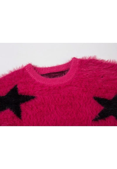 Fluffy sweater fuzzy jumper star print long hair top black